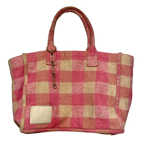 SANDRO Kasbah Gingham Pink & Cream Cotton Tote Bag w/ Gold Bag Charm - Picture 8 of 16